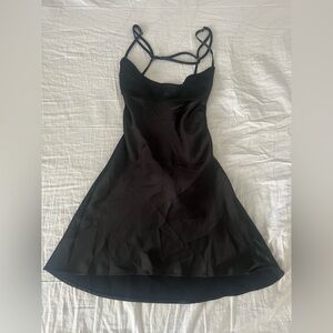 Black Satin Fit-and-Flare Dress with Strappy Back
